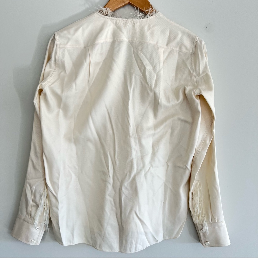HELMUT LANG Twill Silk Feather Trim Ecru / White Fringe Long Sleeve Blouse Sz XS - Picture 8 of 16